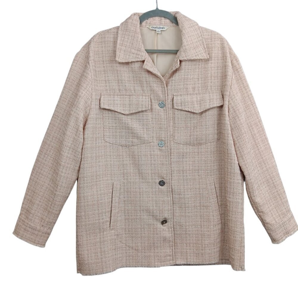 DAVI & DANI Women's Shacket Cream Tweed Buttoned Plaid Jacket Size L Oversized